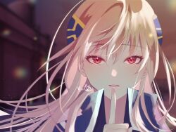 Rule 34 | 1girl, blonde hair, blurry, blurry background, finger to mouth, hair between eyes, heaven burns red, high collar, highres, long hair, looking at viewer, portrait, red eyes, rin 0101010, shirakawa yuina, solo