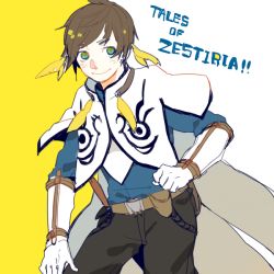 Rule 34 | 10s, acubee, belt, blush, brown hair, cape, capelet, copyright name, earrings, gloves, green eyes, jewelry, pants, smile, sorey (tales), sword, tagme, tales of (series), tales of zestiria, weapon