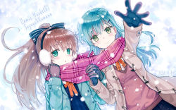 Rule 34 | 10s, 2girls, :o, aqua eyes, aqua hair, artist name, bad id, bad pixiv id, blush, bow, brown hair, character name, coat, couple, earmuffs, green eyes, hair bow, highres, hiten (hitenkei), holding hands, interlocked fingers, jacket, kantai collection, kumano (kancolle), long hair, looking at viewer, lying, multiple girls, on back, outstretched hand, pink scarf, plaid, plaid scarf, ponytail, scarf, shared clothes, shared scarf, smile, snow, suzuya (kancolle), sweater, winter clothes, winter coat, yuri