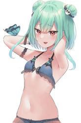 Rule 34 | 1girl, adjusting hair, animal print, arm garter, armpits, arms behind head, arms up, bikini, blue bikini, blush, breasts, bug, butterfly, butterfly print, cowboy shot, double bun, frilled bikini, frills, green hair, hair bun, hair flip, hair ornament, hair ribbon, hololive, insect, looking at viewer, medium hair, navel, negima (le ne38), red eyes, ribbon, sidelocks, simple background, skull hair ornament, small breasts, smile, solo, stomach, swimsuit, uruha rushia, virtual youtuber, white background