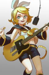 Rule 34 | 1girl, absurdres, aqua eyes, belt, black sailor collar, black shorts, blonde hair, bow, bright pupils, feet out of frame, frills, gradient background, grey background, guitar, hair bow, headphones, highres, instrument, kagamine rin, microphone, midriff, navel, neckerchief, open mouth, sailor collar, shirt, short hair, shorts, sleeveless, sleeveless shirt, smile, solo, topdylan, vocaloid, white bow, white pupils, yellow neckerchief