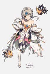 Rule 34 | 1girl, 2023, airseal, android, bare shoulders, chest jewel, closed mouth, code: empress (elsword), collarbone, commentary, dated, detached sleeves, dress, elsword, eve (elsword), facial mark, floating, floating object, forehead jewel, full body, highres, looking at viewer, moby (elsword), off-shoulder dress, off shoulder, one eye closed, remy (elsword), robot, short hair, signature, simple background, strapless, strapless dress, tiara, white background, white dress, white hair, yellow eyes