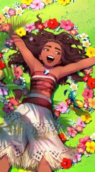 Rule 34 | 1girl, :d, armpits, arms up, artist name, bandeau, bare shoulders, bird, brown eyes, brown hair, chicken, commentary request, dark-skinned female, dark skin, eyelashes, flower, grass, hair spread out, heihei (moana), hibiscus, highres, jewelry, long hair, looking at another, looking to the side, lying, moana (movie), moana waialiki, necklace, on back, on grass, open mouth, pano (mohayayamai), pink flower, red bandeau, red flower, sarong, shadow, skirt, smile, solo, teeth, tongue, twitter username, upper teeth only, white flower, white skirt, yellow flower
