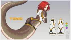 Rule 34 | 1girl, ass, border, color guide, female focus, gradient background, highres, horns, lamia, looking back, lying, mannequin, mikoyan, monster girl, on stomach, original, parted lips, qr code, red hair, scales, solo, white border, yellow eyes
