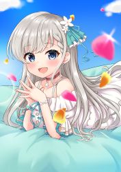 Rule 34 | 1girl, :d, bad id, bad pixiv id, blue eyes, blue ribbon, blue sky, blush, braid, braided bangs, breasts, brown choker, choker, cloud, collarbone, commentary request, day, dress, earrings, flower, glint, green ribbon, grey hair, hair flower, hair ornament, hair ribbon, hands up, highres, hisakawa hayate, idolmaster, idolmaster cinderella girls, idolmaster cinderella girls starlight stage, jewelry, long hair, looking at viewer, lying, medium breasts, mitsumine raimu, off-shoulder dress, off shoulder, on stomach, open mouth, outdoors, petals, puffy short sleeves, puffy sleeves, ribbon, short sleeves, sky, smile, solo, steepled fingers, very long hair, white dress, white flower, wide sleeves