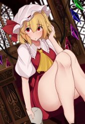 Rule 34 | 1girl, absurdres, ass, bare legs, blonde hair, blush, commentary request, crystal, enami (puusannnemuiyo), flandre scarlet, hat, hat ribbon, highres, indoors, knees up, looking at viewer, mob cap, open mouth, puffy short sleeves, puffy sleeves, red eyes, red ribbon, red skirt, red vest, ribbon, shirt, short sleeves, side ponytail, sitting, skirt, skull, solo, thighs, touhou, vest, white hat, white shirt, wings, yellow neckwear
