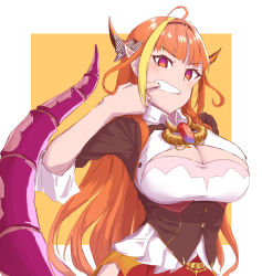 Rule 34 | 1girl, ahoge, black bow, black hairband, black jacket, blonde hair, blunt bangs, blush, bow, bowtie, braid, breasts, bright pupils, brooch, chain, chain necklace, cleavage, cleavage cutout, clothing cutout, collared shirt, diagonal-striped bow, dragon girl, dragon horns, dragon tail, dragon wings, finger in own mouth, gradient eyes, hair ornament, hairband, highres, hololive, horn bow, horn ornament, horns, jacket, jewelry, kiryu coco, kiryu coco (1st costume), large breasts, long hair, looking at viewer, miniskirt, mouth pull, multicolored bow, multicolored eyes, multicolored hair, necklace, orange hair, pleated skirt, pointy ears, purple eyes, red eyes, red skirt, ryus, scales, shirt, side-tie skirt, simple background, single braid, skirt, smile, solo, streaked hair, striped, tail, upper body, very long hair, virtual youtuber, white bow, white shirt, wings