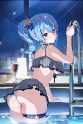 Rule 34 | 1girl, absurdres, alternate breast size, ass, ass focus, ball, beachball, bikini, bikini skirt, black choker, blue eyes, blue hair, blurry, blurry background, breasts, choker, crown, from behind, grey bikini, hair between eyes, highres, hololive, hoshimachi suisei, houkisei, large breasts, long hair, looking at viewer, looking back, partially submerged, ponytail, pool, red wine, skindentation, sky, smile, solo, star (sky), star (symbol), star in eye, starry sky, swimsuit, symbol in eye, thigh strap, thighs, underboob, virtual youtuber, white background