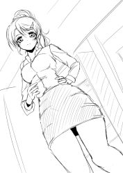 Rule 34 | 10s, 1girl, ayase eli, blush, breasts, frapowa, from below, greyscale, hair ornament, hairpin, hand on own hip, long sleeves, looking at viewer, looking down, love live!, love live! school idol project, monochrome, parted lips, pencil skirt, ponytail, scrunchie, sketch, skirt, solo