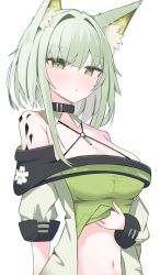 Rule 34 | 1girl, absurdres, animal ear fluff, animal ears, arknights, asymmetrical hair, bare shoulders, blue dress, blush, breasts, cat ears, cat girl, cleavage, clothes lift, collarbone, commentary, dress, dress lift, green eyes, green hair, highres, kal&#039;tsit (arknights), large breasts, long hair, looking at viewer, material growth, midriff, navel, nui (nuinui0300), off-shoulder dress, off shoulder, oripathy lesion (arknights), parted lips, simple background, solo, white background