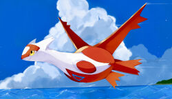Rule 34 | closed mouth, cloud, commentary, creatures (company), day, flying, from side, full body, game freak, gen 3 pokemon, highres, kou11021301, latias, legendary pokemon, nintendo, no humans, outdoors, pokemon, pokemon (creature), sky, smile, solo, symbol-only commentary, water, yellow eyes