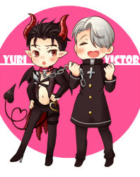 Rule 34 | 2boys, ^ ^, alternate eye color, black hair, blush, chain, character name, clenched hands, collar, demon boy, demon horns, demon tail, demon wings, closed eyes, hair slicked back, hands on own hips, heart, heart-shaped mouth, heart tail, high heels, highres, horns, katsuki yuuri, male focus, monsterification, multiple boys, open mouth, pointy ears, priest, red eyes, silver hair, smile, tail, twc (p-towaco), viktor nikiforov, wings, yuri!!! on ice