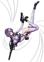 Rule 34 | 1girl, aegis (nerocc), bad id, bad pixiv id, belt, black footwear, black gloves, bob cut, bodysuit, boots, breasts, covered erect nipples, covered navel, cropped jacket, cyborg, dual wielding, dutch angle, falling, female focus, finger on trigger, fingerless gloves, full body, ghost in the shell, gloves, grey thighhighs, groin, gun, handgun, high heel boots, high heels, highleg, highleg leotard, holding, holding gun, holding weapon, impossible clothes, impossible leotard, jacket, kusanagi motoko, large breasts, leotard, looking to the side, open clothes, open jacket, open mouth, pink eyes, purple hair, red eyes, short hair, simple background, skin tight, solo, suppressor, thigh strap, thighhighs, trigger discipline, turtleneck, weapon, white background