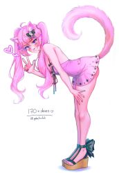 Rule 34 | 1girl, alternate costume, animal ears, bent over, black bow, blush, bow, breasts, cat ears, cat tail, commentary, didi (galacticdidi), dress, english commentary, from side, hair bow, hand on own thigh, heart, highres, nail polish, nyatasha nyanners, nyatasha nyanners (4th costume), pink dress, platform footwear, purple eyes, purple nails, small breasts, smile, solo, tail, toenail polish, toenails, twintails, twitter username, v, virtual youtuber, vshojo