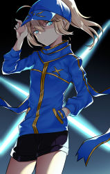 Rule 34 | 1girl, absurdres, ahoge, arm up, artoria pendragon (fate), baseball cap, black shorts, blonde hair, blue eyes, blue hat, blue jacket, blue scarf, closed mouth, commentary request, fate/grand order, fate (series), ghostkun, hair between eyes, hair through headwear, hand in pocket, hand on headwear, hat, head tilt, high ponytail, highres, jacket, long hair, long sleeves, mysterious heroine x (fate), ponytail, scarf, short shorts, shorts, solo, v-shaped eyebrows