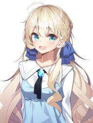 Rule 34 | 1girl, :d, ahoge, black ribbon, blue bow, blue dress, blush, bow, braid, breasts, brooch, clip studio paint (medium), collarbone, collared shirt, dress, green eyes, hair between eyes, hair bow, highres, jewelry, light brown hair, long hair, looking at viewer, neck ribbon, open mouth, original, ribbon, se.a, shirt, simple background, sleeveless, sleeveless dress, small breasts, smile, solo, teeth, upper body, upper teeth only, very long hair, white background, white shirt