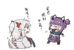 Rule 34 | 2girls, animal ears, arknights, black footwear, black gloves, black legwear, black shirt, blush, cat ears, chibi, chinese commentary, chinese text, colored skin, dragon girl, dragon horns, dragon tail, fake animal ears, fang, fingerless gloves, gloves, holding, horns, lava (arknights), long hair, looking at another, mabing, multicolored hair, multiple girls, nian (arknights), open mouth, pointy ears, ponytail, purple hair, purple skirt, red hair, red skin, shirt, short hair with long locks, short twintails, simple background, single glove, skin fang, skirt, streaked hair, tail, twintails, white background, white hair, wristband