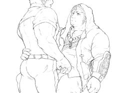 Rule 34 | 2boys, ass, bara, bead necklace, beads, bulge, couple, eye contact, facial hair, feet out of frame, goatee, greyscale, hand on another&#039;s back, head out of frame, highres, hood, hood up, houzouin oniwaka, jacket, jewelry, large pectorals, leg between thighs, long sideburns, looking at another, male focus, protagonist 3 (housamo), mature male, me-me (mouact2), monochrome, multiple boys, muscular, muscular male, necklace, open clothes, open jacket, pants, pectoral cleavage, pectorals, shirt, short hair, sideburns, stubble, thick eyebrows, thick thighs, thighs, tight clothes, tight shirt, tokyo houkago summoners, yaoi