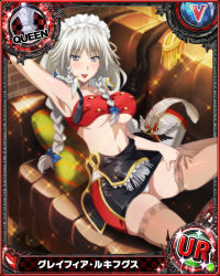 Rule 34 | 10s, 1girl, artist request, braid, breasts, card (medium), character name, chess piece, female focus, grayfia lucifuge, grey eyes, grey hair, high school dxd, large breasts, lipstick, long hair, maid headdress, makeup, matching hair/eyes, midriff, official art, red lips, skindentation, solo, thighhighs, trading card, twin braids, underboob