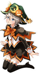 Rule 34 | 1girl, :o, ange (princess principal), black footwear, blue eyes, blush, boots, bow, bowtie, brown capelet, brown skirt, capelet, food-themed hair ornament, full body, green hat, hair between eyes, hair ornament, halloween, halloween costume, hat, highres, kneeling, long sleeves, miniskirt, orange bow, orange bowtie, princess principal, pumpkin hair ornament, short hair, silver hair, simple background, skirt, solo, taniguchi gou, thigh boots, thighhighs, white background, witch hat, zettai ryouiki