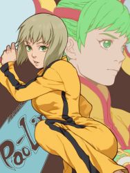Rule 34 | 10s, 2girls, bad id, bad pixiv id, blonde hair, bruce lee&#039;s jumpsuit, chinese clothes, dragon kid, dual persona, fighting stance, green eyes, green hair, hat, huang baoling, jumpsuit, multiple girls, neopara, orange jumpsuit, short hair, superhero costume, tegaki, tiger &amp; bunny