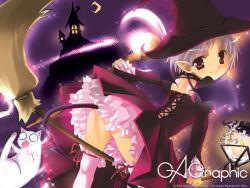 Rule 34 | broom, cat, demon tail, g munyo, gagraphic, hat, moon, night, pointy ears, purple hair, red eyes, skirt, solo, tail, wallpaper, witch, witch hat