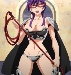 Rule 34 | 1girl, armor, bdsm, bikini armor, breasts, cape, cleavage, dominatrix, domino mask, highres, large breasts, lipstick, magi the labyrinth of magic, makeup, mask, myers, navel, open mouth, purple hair, screencap, solo, whip, yellow eyes
