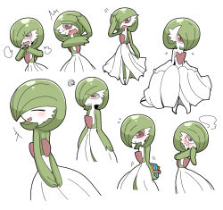 Rule 34 | 1girl, :3, angry, annoyed, arm up, arms behind back, blush, cheek bulge, closed eyes, closed mouth, colored skin, constricted pupils, covering own mouth, creatures (company), curtsey, embarrassed, female focus, flying sweatdrops, from behind, full body, game freak, gardevoir, gen 3 pokemon, gift, green hair, green skin, hair over one eye, hand up, hands together, hands up, happy, highres, holding, looking at viewer, looking away, looking down, mega gardevoir, mega pokemon, multicolored skin, multiple views, nervous, nintendo, open mouth, pokemon, pokemon (creature), puff of air, red eyes, short hair, shy, simple background, smile, standing, surprised, sweat, tazonotanbo, two-tone skin, upper body, white background, white skin