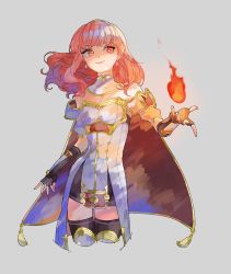 Rule 34 | 1girl, armor, armored dress, bad id, bad pixiv id, bare shoulders, black gloves, black thighhighs, breasts, cape, celica (fire emblem), cleavage, cowboy shot, detached collar, dress, earrings, fingerless gloves, fire, fire emblem, fire emblem echoes: shadows of valentia, gloves, grey background, highres, itou (very ito), jewelry, nintendo, red armor, red eyes, red hair, short dress, short hair, simple background, small breasts, smile, solo, thighhighs, white armor, zettai ryouiki
