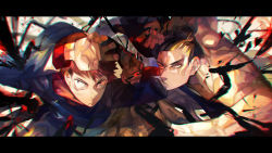 Rule 34 | 2boys, arm up, black hair, black jacket, chromatic aberration, closed mouth, commentary request, facial mark, fingernails, glowing, glowing eye, hair pulled back, highres, hood, hood down, itadori yuuji, jacket, jujutsu kaisen, letterboxed, light trail, long sleeves, male focus, multiple boys, muscular, muscular male, natsuko (summer 525528), red hair, sanpaku, scar, scar across eye, scar on face, short hair, spiked hair, topknot, topless male, toudou aoi (jujutsu kaisen), undercut