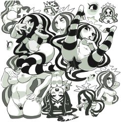 Rule 34 | 1girl, ahegao, ass, black eyes, black hair, blush, blush stickers, breasts, censored, censored nipples, coffee cup, crown, cup, disposable cup, female pubic hair, gashi-gashi, greyscale, long hair, medium breasts, monochrome, multicolored hair, multiple views, navel, nipples, open mouth, pubic hair, spread legs, star censor, starbucks, starbucks siren, stb-chan, striped clothes, striped thighhighs, thighhighs, very long hair, wavy hair, white background, white hair