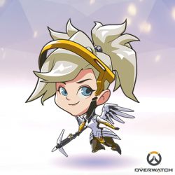 Rule 34 | 1girl, artist request, blue eyes, breasts, chibi, copyright name, full body, halo, long hair, lowres, mechanical halo, mechanical wings, mercy (overwatch), official art, overwatch, overwatch 1, pantyhose, ponytail, smile, solo, staff, wings