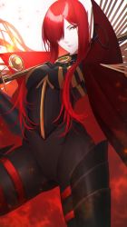 Rule 34 | 1girl, absurdres, armored boots, black bodysuit, bodysuit, boots, breasts, cape, chain, collared cape, family crest, fate/grand order, fate (series), hair over one eye, highres, katana, koha-ace, long hair, looking at viewer, medium breasts, oda nobunaga (fate), oda nobunaga (maou avenger) (fate), oda uri, parted lips, popped collar, red cape, red eyes, red hair, simple background, solo, sword, thighs, weapon, white background, yayoi maka