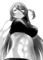 Rule 34 | bare arms, bare shoulders, breasts, character request, commentary request, crop top, from below, frown, greyscale, hair between eyes, highres, large breasts, long hair, looking at viewer, midriff, monochrome, navel, puyo (puyotopia), simple background, sleeveless, stomach, straight hair, toned, very long hair, white background