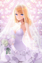 Rule 34 | 1girl, armpits, bare shoulders, blonde hair, blue eyes, bouquet, bow, breasts, bridal veil, cleavage, collarbone, dress, earrings, flower, gloves, holding, jewelry, large breasts, long hair, lowres, outstretched hand, pleated dress, rose, rose pacifica, salt (salty), smile, solo, strapless, swept bangs, sword girls, tiara, veil, wedding dress