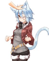 Rule 34 | 1girl, animal ears, belt, blue hair, cat ears, cat tail, clenched hands, disembodied hand, fur trim, head pat, jacket, long sleeves, one eye closed, original, pantyhose, headpat, ribbed sweater, ryota tentei, scar, short hair, shorts, solo, solo focus, sweater, tail, tora tentei, wide sleeves, yellow eyes