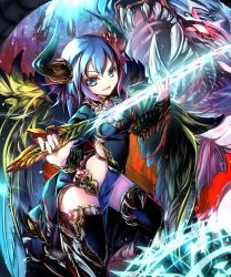 Rule 34 | &gt;:d, 1girl, :d, blue eyes, blue hair, demon horns, feathered wings, gauntlets, highres, holding, horns, looking at viewer, matching hair/eyes, midriff, open mouth, original, shingoku no valhalla gate, sho (runatic moon), short hair, smile, solo, sword, v-shaped eyebrows, weapon, wings