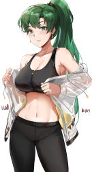 Rule 34 | 1girl, absurdres, bare shoulders, black pants, black sports bra, blush, breasts, cleavage, collarbone, contemporary, earrings, fire emblem, fire emblem: the blazing blade, green eyes, green hair, high ponytail, highres, jacket, jewelry, large breasts, long hair, long sleeves, looking at viewer, lyn (fire emblem), navel, nintendo, off shoulder, open clothes, open jacket, ormille, pants, ponytail, simple background, smile, sports bra, stomach, thighs, white background, white jacket