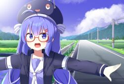 1girl :d ahoge animal_hat ascot black_jacket blue_dress blue_eyes blue_hair blue_sky blunt_bangs breasts building chaakusu cloud cloudy_sky commentary_request dress eel_hat glasses guard_rail hair_between_eyes hair_ornament hair_ribbon hairclip hat hat_ribbon highres hood hood_down hooded_jacket jacket long_hair long_sleeves looking_at_viewer low_twintails mountainous_horizon multicolored_ribbon open_mouth otomachi_una otomachi_una_(talkex) outdoors outstretched_arms red-framed_eyewear ribbon road rural sailor_collar semi-rimless_eyewear sky small_breasts smile solo spread_arms street sunlight talkex teeth tress_ribbon twintails under-rim_eyewear upper_body upper_teeth_only utility_pole voiceroid white_ascot white_ribbon white_sailor_collar