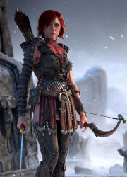 Rule 34 | 1girl, 3d, armor, arrow (projectile), bow (weapon), dragon age, highres, leliana (dragon age), pteruges, quiver, red hair, scale armor, solo, sword, thighhighs, weapon