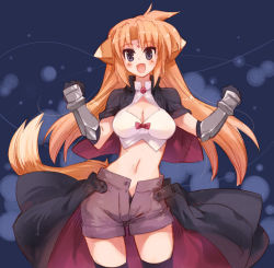 Rule 34 | 00s, 1girl, :d, arf, black thighhighs, blue eyes, bow, bowtie, breasts, cleavage, gauntlets, large breasts, long hair, looking at viewer, lyrical nanoha, mahou shoujo lyrical nanoha, midriff, momiji mao, navel, open mouth, orange hair, red bow, red bowtie, smile, solo, standing, stomach, thighhighs, very long hair, zettai ryouiki