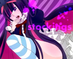 Rule 34 | 10s, 1girl, colored inner hair, dutch angle, finger in own mouth, kanako424kk, multicolored hair, one eye closed, open mouth, panty &amp; stocking with garterbelt, solo, stocking (psg), striped clothes, striped thighhighs, thighhighs, wink