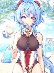 Rule 34 | 2girls, ahoge, alternate costume, anny (yoai), ball, beach, beachball, bell, blue hair, breasts, food, food in mouth, ganyu (genshin impact), genshin impact, highleg, highres, horns, incoming food, large breasts, long hair, looking to the side, medium breasts, multiple girls, neck bell, one-piece swimsuit, outstretched arm, paimon (genshin impact), popsicle, popsicle in mouth, purple eyes, sidelocks, standing, swimsuit