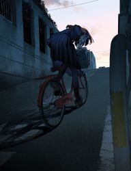 Rule 34 | 1girl, absurdres, bicycle, bicycle basket, building, cloud, dusk, film grain, highres, hunched over, loafers, long sleeves, looking at viewer, looking back, matsuura kento, original, pantyhose, pleated skirt, power lines, riding, riding bicycle, road, school uniform, shadow, shirt, shoes, short hair, skirt, solo, steam, street, tree