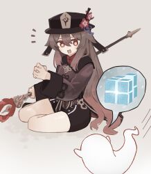 Rule 34 | 1girl, absurdres, black shorts, boo tao (genshin impact), brown hair, chinese clothes, cryo hypostasis (genshin impact), flower, flower-shaped pupils, genshin impact, gradient hair, hat, hat ornament, highres, hu tao (genshin impact), long hair, long sleeves, multicolored hair, open mouth, origami gyokuo, plum blossoms, porkpie hat, red eyes, red shirt, shirt, shorts, simple background, staff of homa (genshin impact), symbol-shaped pupils, thighs, white background
