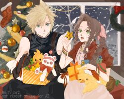 1boy 1girl absurdres aerith_gainsborough bangle blonde_hair blue_pants blue_shirt bow bowtie box bracelet braid braided_ponytail brown_gloves brown_hair button_eyes buttons chocobo choker christmas christmas_ornaments christmas_stocking christmas_tree christmas_wreath cloud_strife cropped_jacket dress final_fantasy final_fantasy_vii final_fantasy_vii_rebirth final_fantasy_vii_remake flower_choker gift gift_box gloves green_eyes hair_between_eyes hair_ribbon highres holding holding_box jacket jewelry long_dress merry_christmas moogle nitijoy2 open_mouth pants parted_bangs pink_dress pink_ribbon puffy_short_sleeves puffy_sleeves red_bow red_bowtie red_jacket ribbon sabotender shirt short_hair short_sleeves sidelocks single_braid sitting sleeveless sleeveless_turtleneck smile snow snowing spiked_hair stuffed_animal stuffed_toy suspenders turtleneck twitter_username upper_body winter wreath