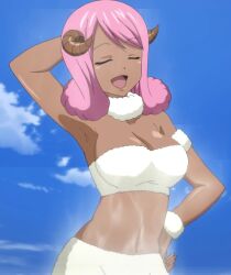 Rule 34 | 1girl, aries (fairy tail), between legs, bikini, breasts, closed eyes, cloud, day, fairy tail, hand between legs, hand on own hip, horns, medium breasts, outdoors, pink hair, ram horns, sky, smile, standing, stitched, swimsuit, tan, third-party edit, white bikini