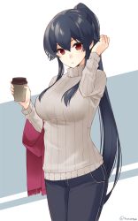 Rule 34 | 1girl, black hair, breasts, commentary request, cowboy shot, denim, grey sweater, ichinomiya (blantte), jeans, kantai collection, large breasts, long hair, looking at viewer, one-hour drawing challenge, pants, ponytail, red eyes, red scarf, ribbed sweater, scarf, scrunchie, solo, standing, sweater, tumbler, two-tone background, white background, yahagi (kancolle)