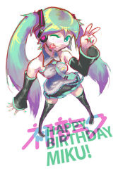 Rule 34 | 1girl, ;p, boots, detached sleeves, green eyes, green hair, happy birthday, hatsune miku, highres, image sample, long hair, matching hair/eyes, necktie, one eye closed, skirt, smile, solo, thigh boots, thighhighs, tongue, tongue out, triple-q, twintails, very long hair, vocaloid, wink