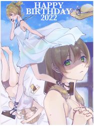Rule 34 | 1girl, 2022, ankle lace-up, arm up, bare arms, bare shoulders, barefoot, bed sheet, black footwear, black shorts, blonde hair, blue sailor collar, blue sky, blush, breasts, brown headwear, camisole, cellphone, chromatic aberration, closed eyes, clothes lift, cloud, collarbone, commentary, covering own eyes, cross-laced footwear, daiba nana, dress, dress lift, foot out of frame, from side, full body, gladiator sandals, green eyes, green ribbon, hair between eyes, hair down, hair over shoulder, hair ribbon, hand up, hands up, happy birthday, hat, hat loss, unworn hat, hat ribbon, unworn headwear, highres, holding, holding phone, indoors, interlocked fingers, leg up, light particles, long hair, looking at viewer, looking away, looking to the side, lying, medium breasts, multiple views, navel, on back, outdoors, outstretched arm, own hands clasped, own hands together, parted lips, phone, platform footwear, profile, ribbon, sailor collar, sailor dress, sandals, shirt lift, short hair, short shorts, short twintails, shorts, shoujo kageki revue starlight, sky, sleeveless, sleeveless dress, smartphone, spaghetti strap, standing, stomach, straw hat, sun hat, sundress, talking on phone, twintails, upper body, wakaba (mrmras5hn), walking, water drop, wet, wet hair, white camisole, white dress, white ribbon, wind, wind lift, window